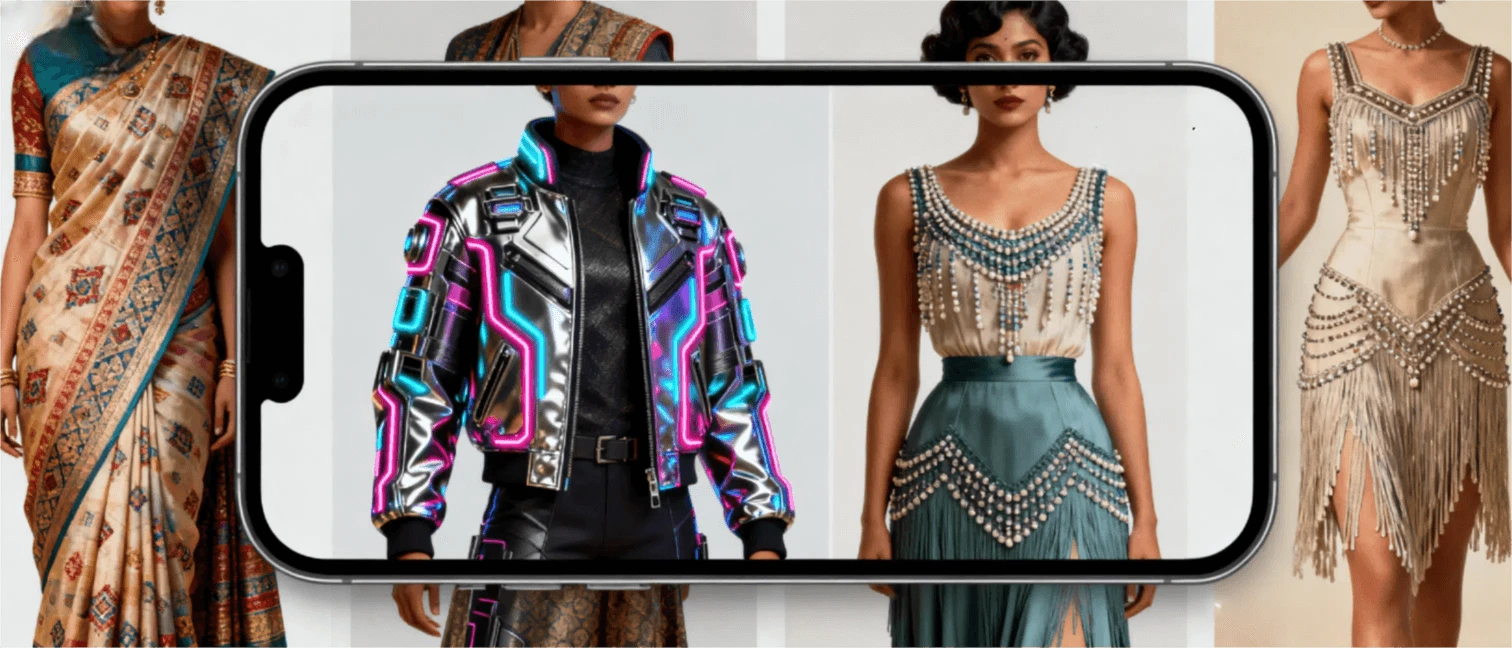 Коллаж из различных стилей моды ИИ, созданных приложением, включая традиционное сари, футуристическую киберпанк-куртку и винтажное платье в стиле флэппер 1920-х годов.